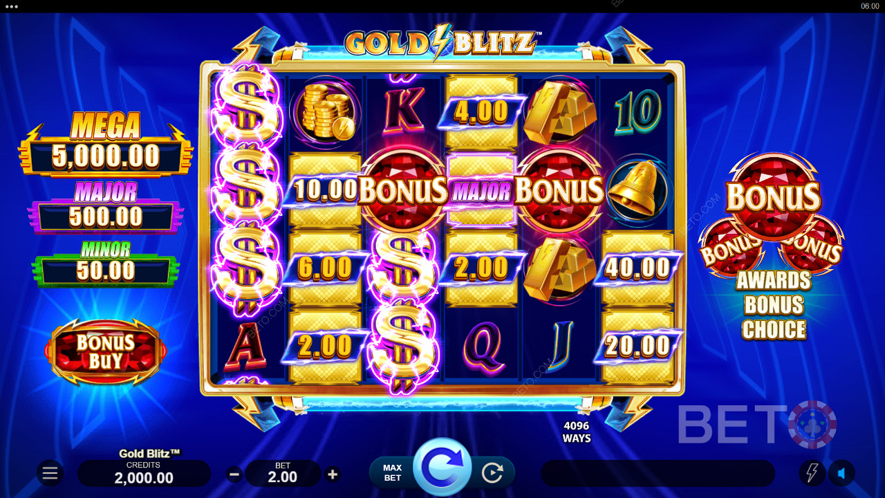 Im Basisspiel des Spielautomaten Gold Blitz können Geldpreise gewonnen werden