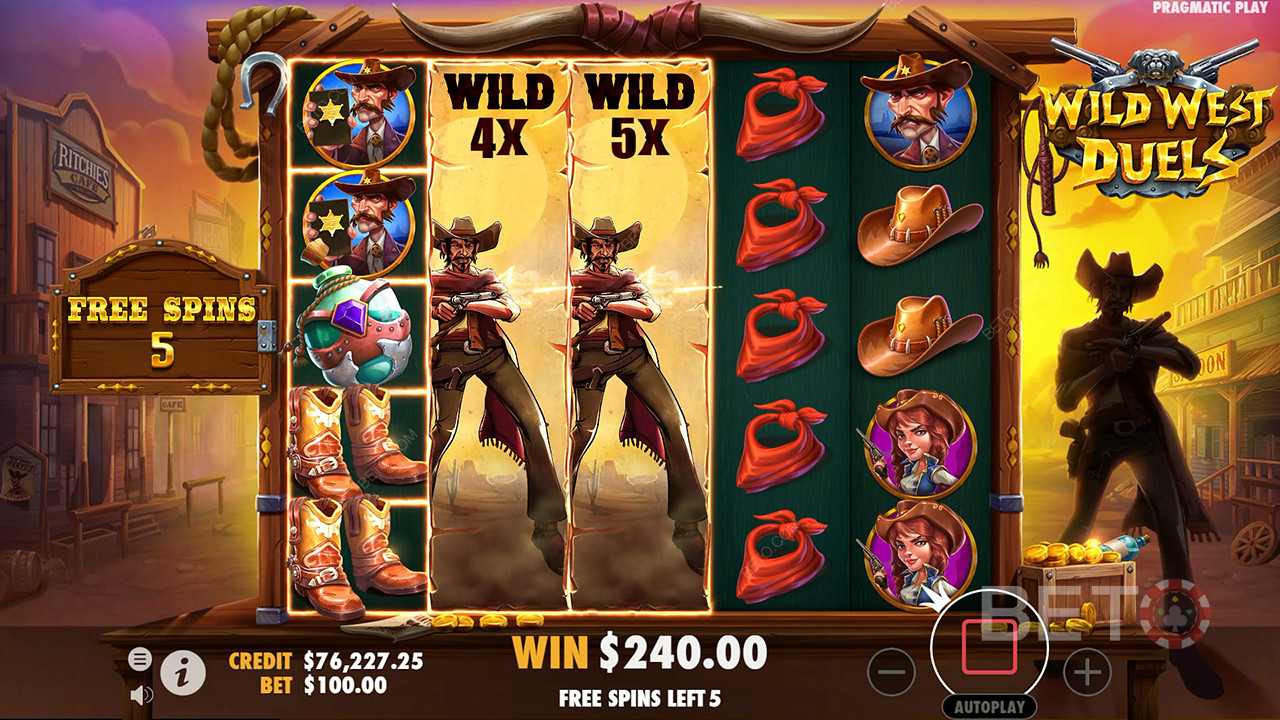Expanding Wilds mit Multiplikatoren erscheinen in Duel Free Spins im Wild West-Spielautomaten