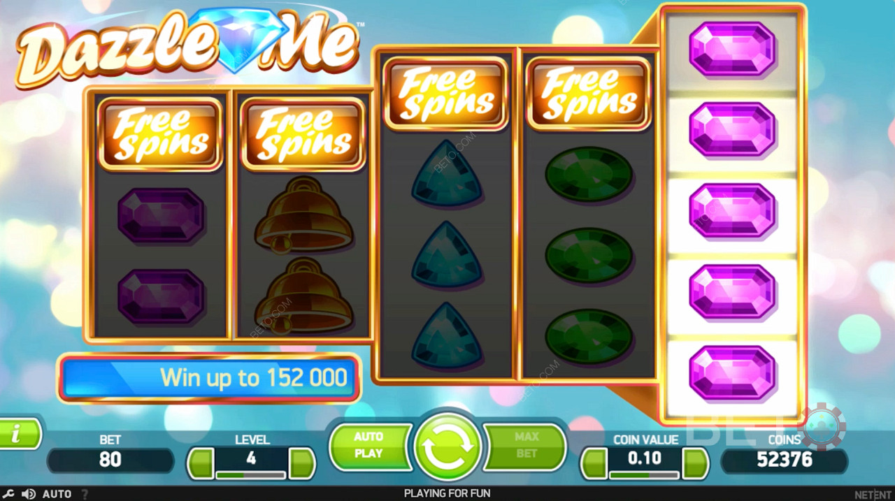 Gratis-Spins werden ausgelöst, wenn mehr als 3 Gratis-Spins-Symbole im Dazzle Me Slot erscheinen.