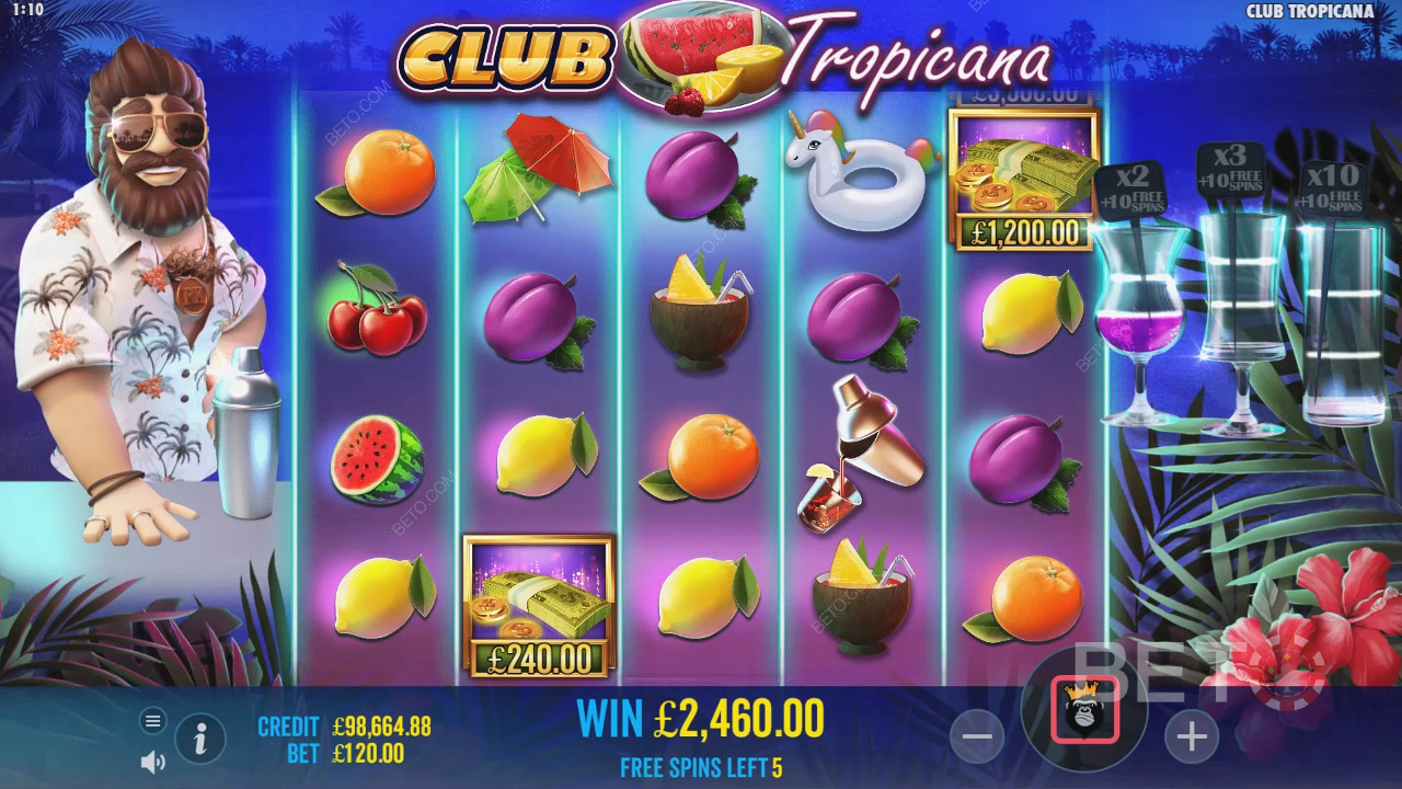 Erhalten Sie die Möglichkeit, die Geldsymbole in den Freispielen des Club Tropicana Slots zu sammeln