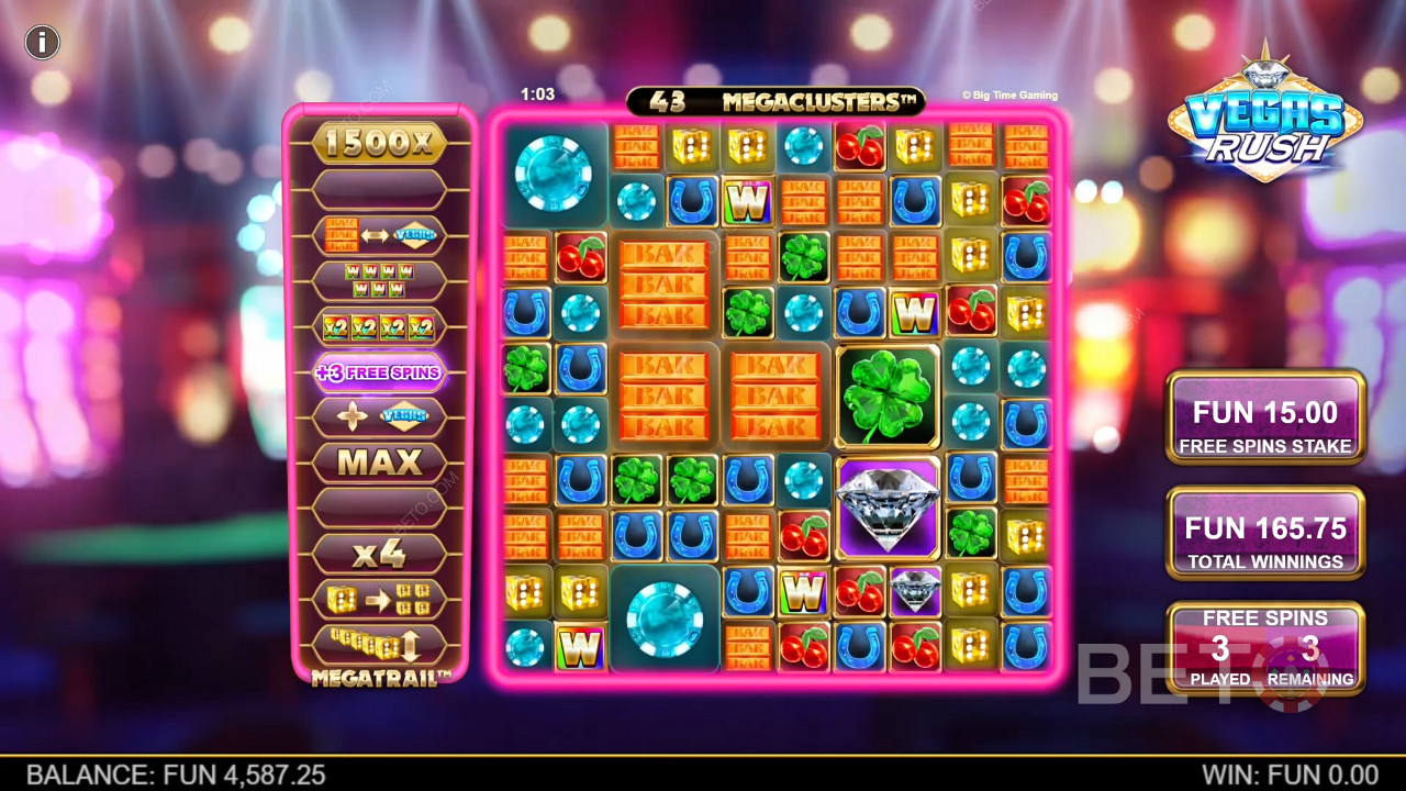Freispiele bieten eine verbesserte Megatrail in der Vegas Rush Slotmaschine