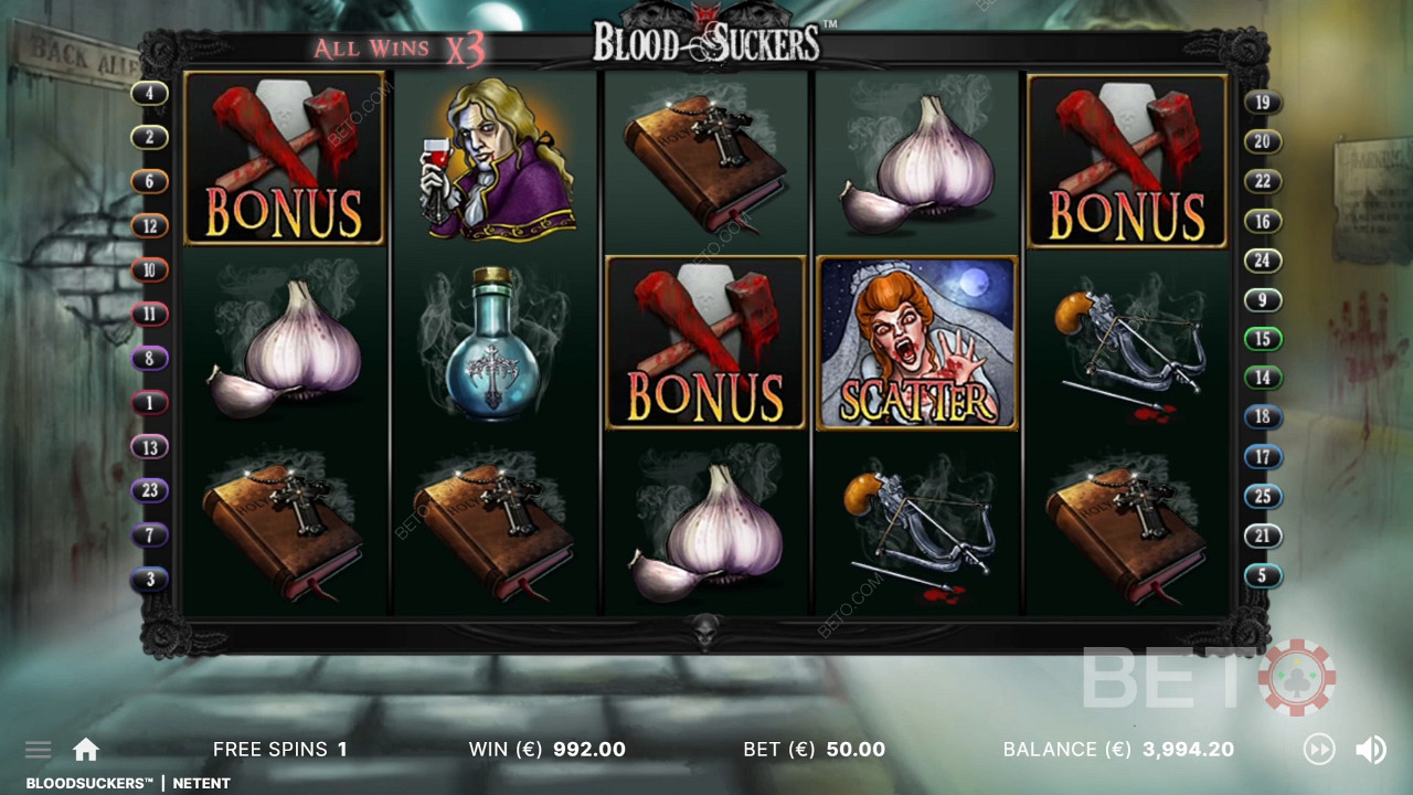3 Bonussymbole an den richtigen Positionen lösen das Bonusspiel im Blood Suckers Slot aus