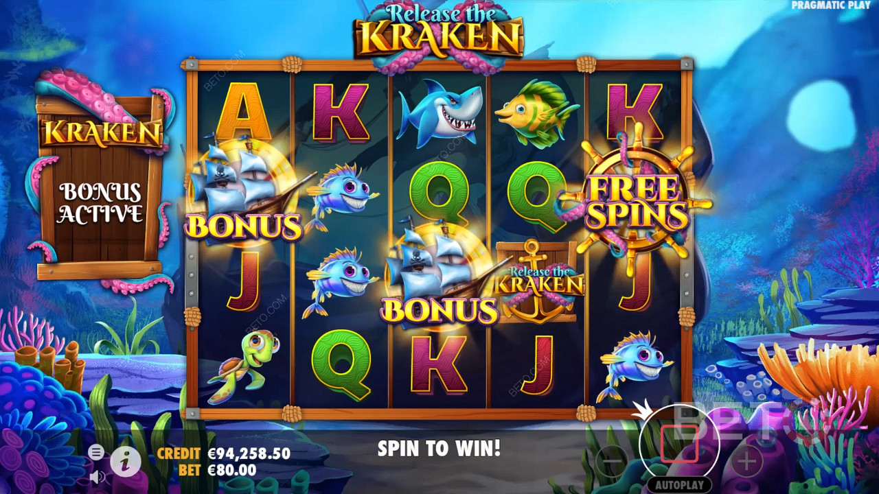 2 Scatter-Symbole und 1 Free Spins-Symbol lösen Free Spins in Release the Kraken Slot aus