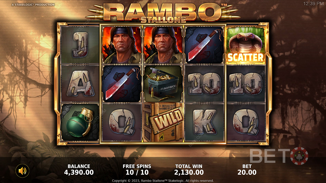 Genießen Sie erstaunliche Bonusfunktionen und ein außergewöhnliches Thema im Rambo Online Slot
