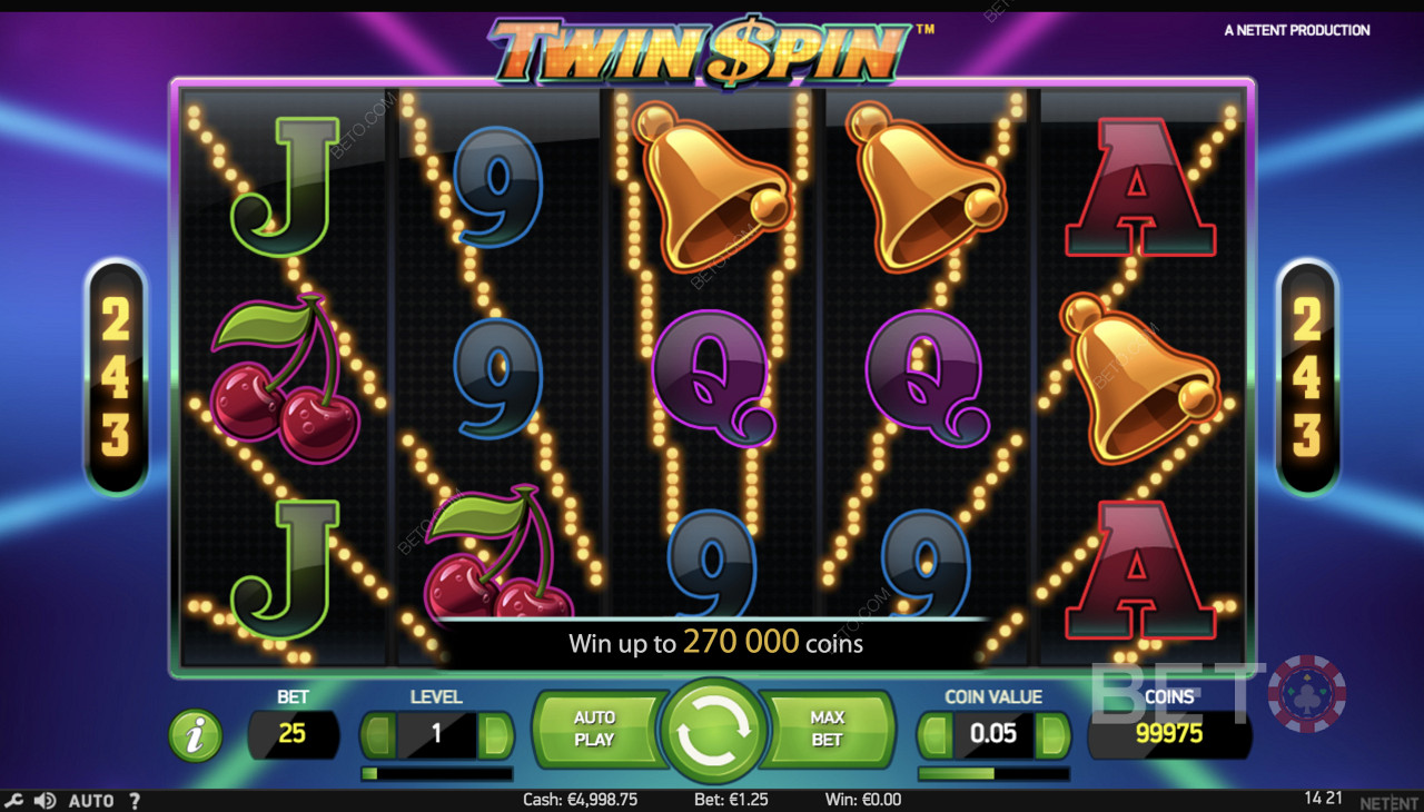 Twin Spin - Einfaches Gameplay mit Symbolen wie Glocken, Kirschen und anderen Symbolen