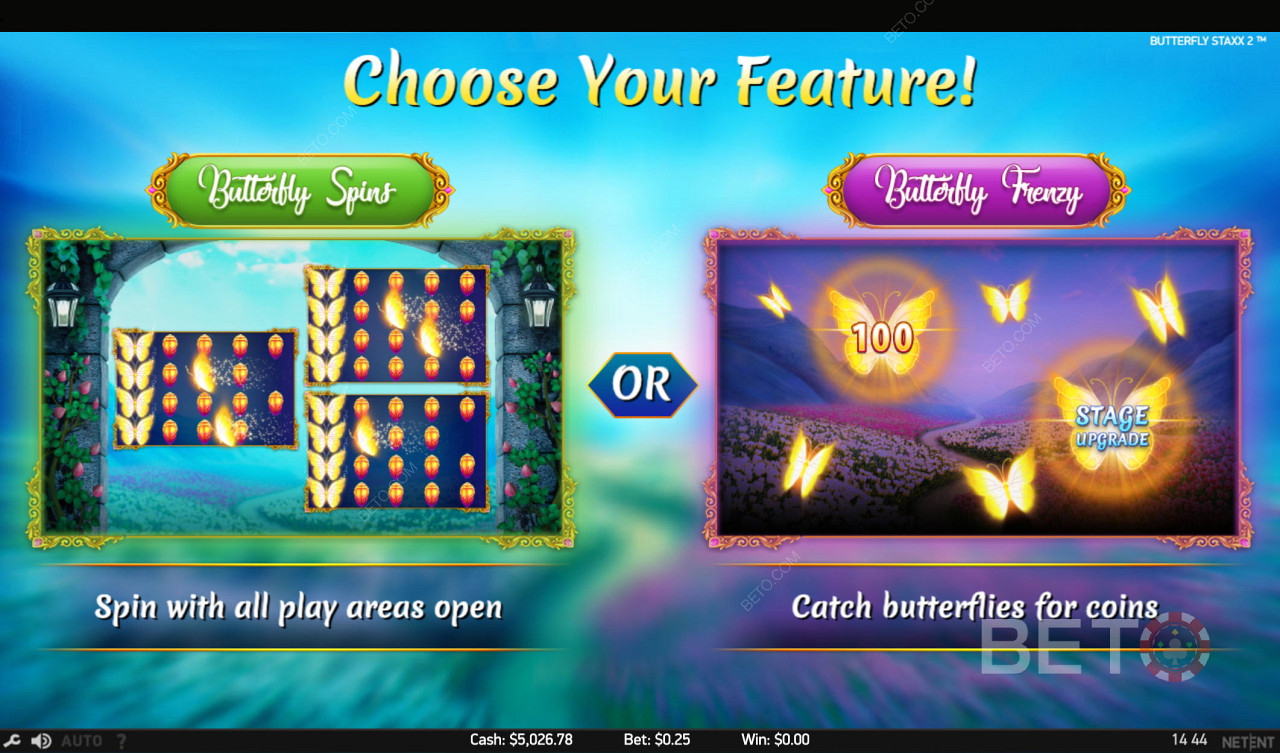 Wählen Sie zwischen zwei fantastischen Zusatzspielen - dem Spin- oder dem Schmetterlingsfang-Modus
