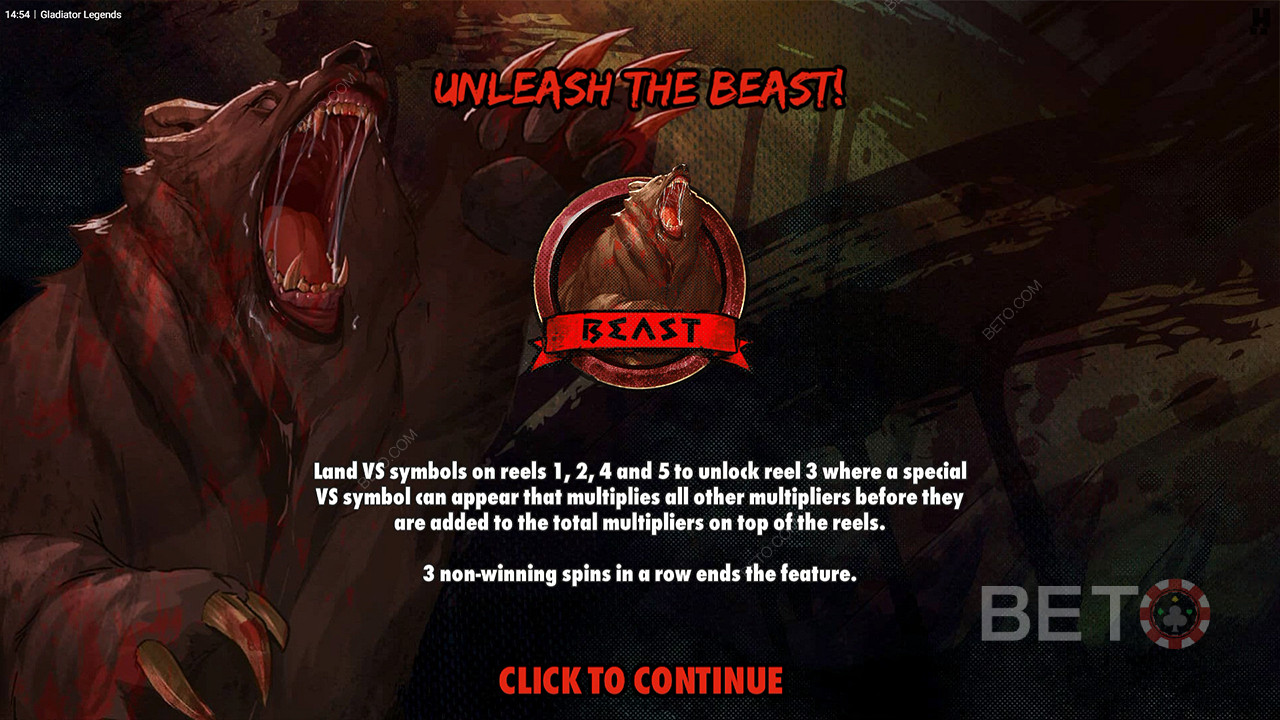 Gewinnen Sie viel, indem Sie im Bonusspiel Unleash the Beast" Multiplikatoren erhalten.