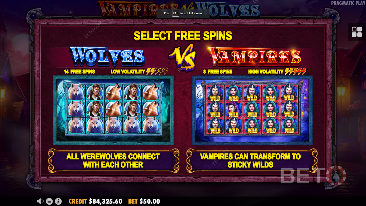 Zwei Freispiel-Bonusrunden in Vampire gegen Wölfe