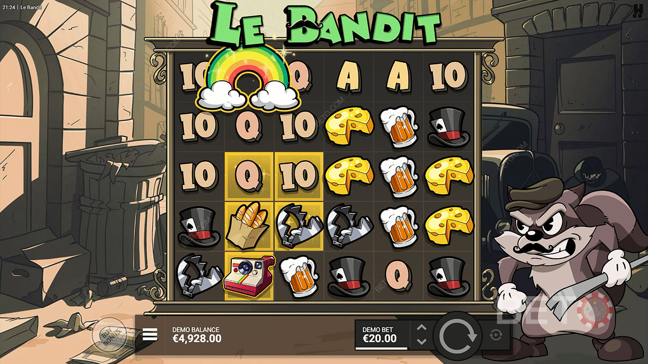 Das Regenbogensymbol aktiviert alle goldenen Quadrate im Le Bandit Spielautomaten