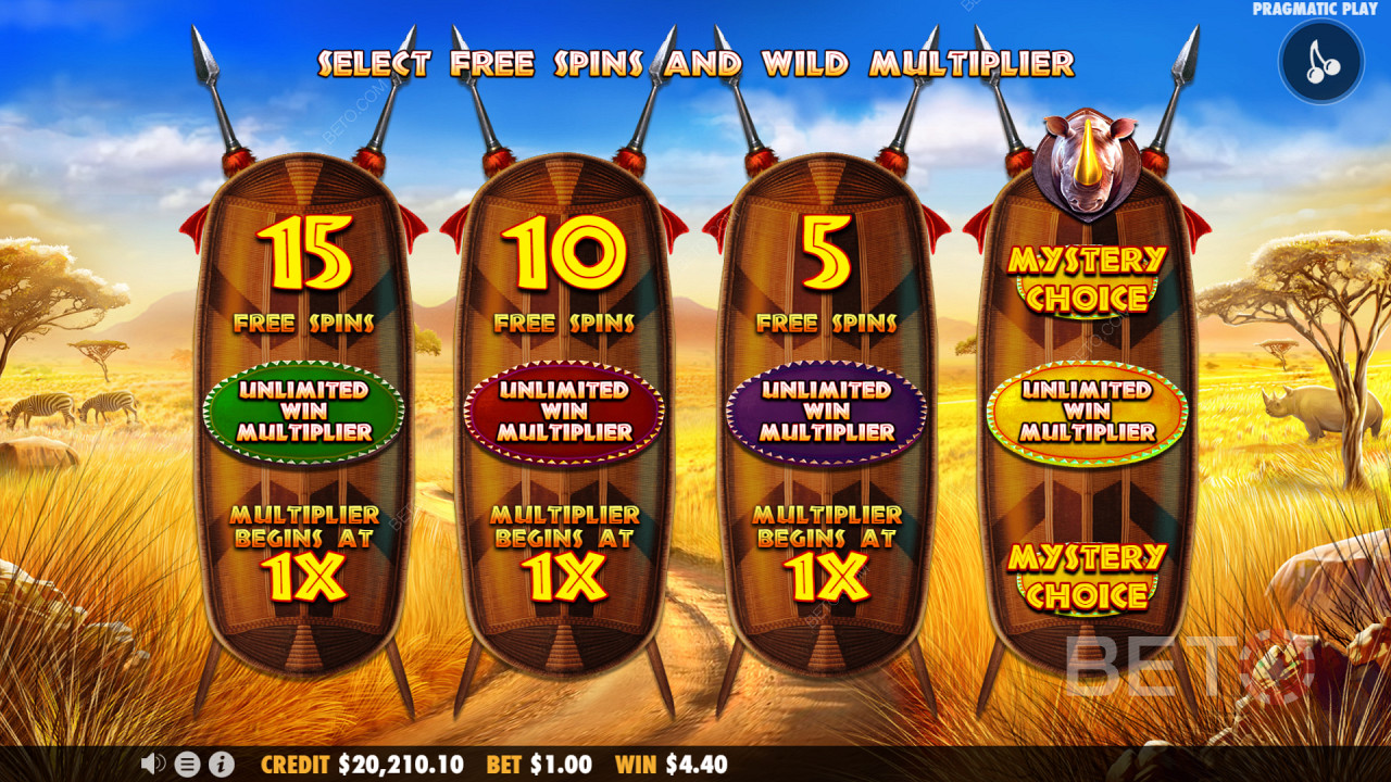 Wählen Sie aus verschiedenen Optionen, wenn Freispiele im Great Rhino Megaways Slot ausgelöst werden