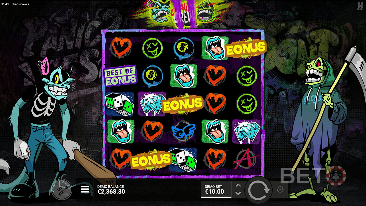 Lösen Sie das Bonusspiel aus, wenn Sie 3 Bonussymbole im Chaos Crew 2 online slot erhalten.