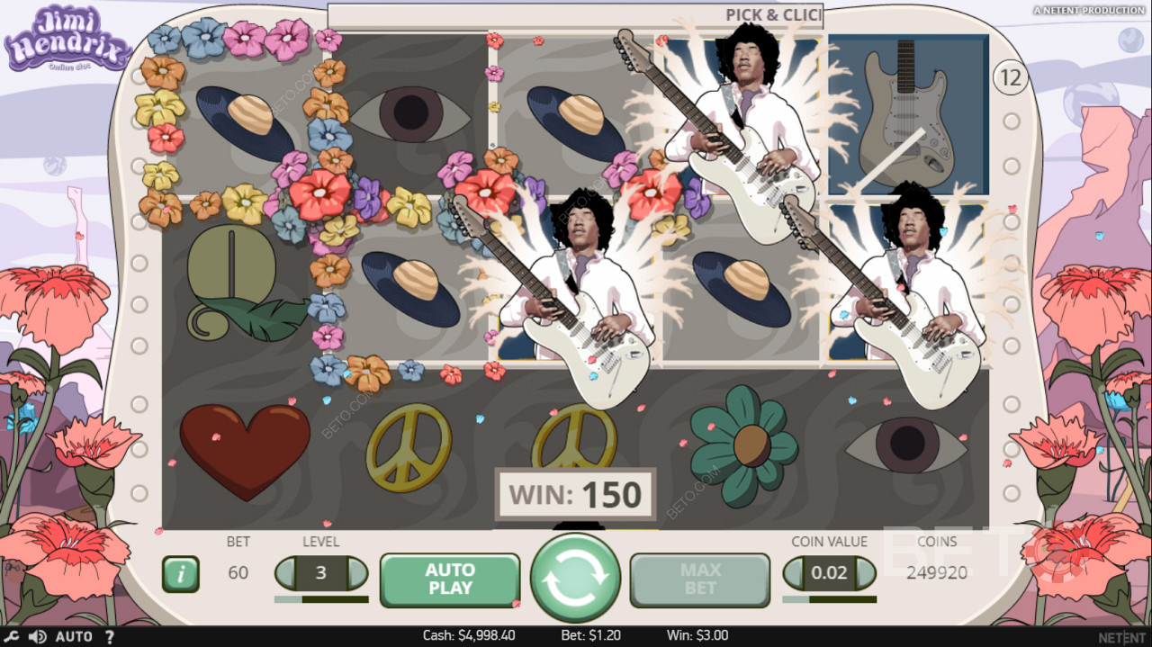 Drei Jimi Hendrix-Scatter-Symbole auf den Walzen lösen das Pick-and-Click-Spiel aus