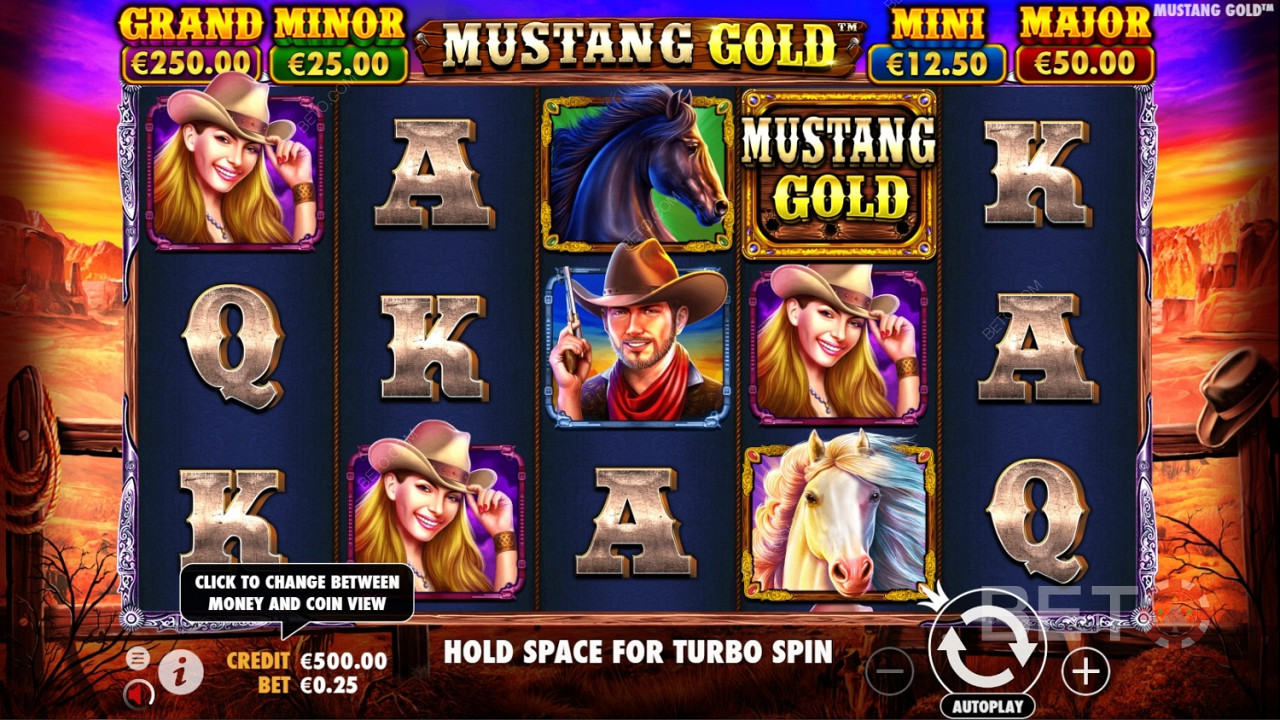Das Wild-Symbol ist das Logo des Spiels in Mustang Gold Online Slot