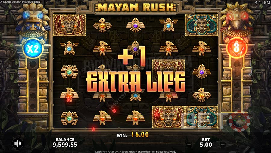 Die Mayan Rush-Bonusfunktionen umfassen Freispiele, einen Multiplikator und eine Glücksspielfunktion.