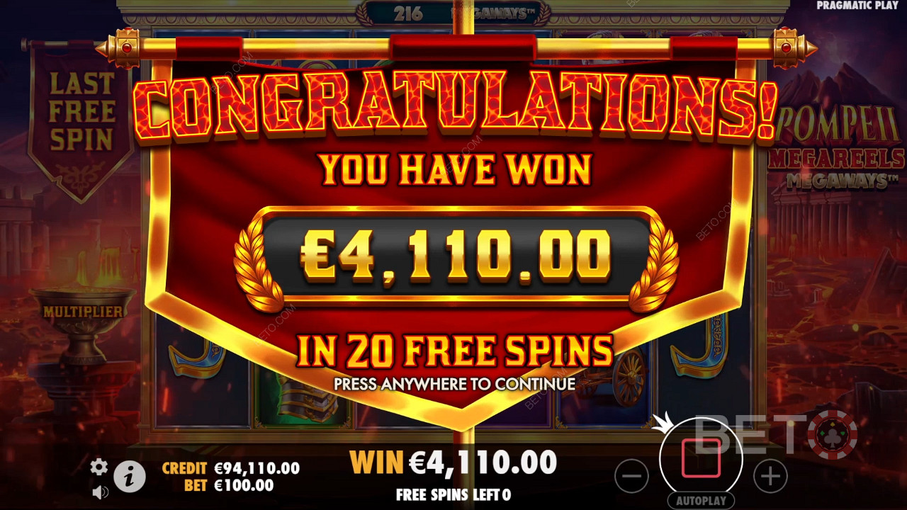 Gewinnen Sie das 10.000-fache Ihres Einsatzes in der Pompeii Megareels Megaways Slot Machine!
