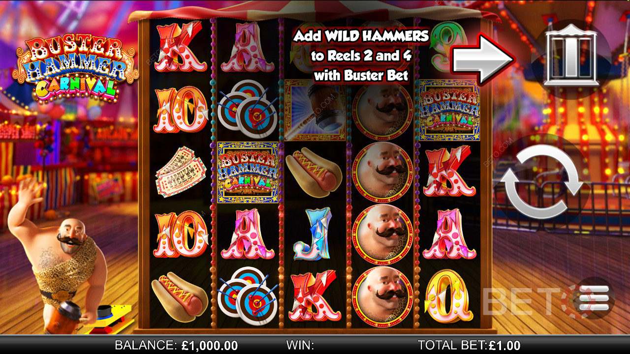 Buster Hammer Carnival - erleben Sie die mächtigen Freispiele und das Gold Wild Hammer Feature - ein Spielautomat von Reel Play
