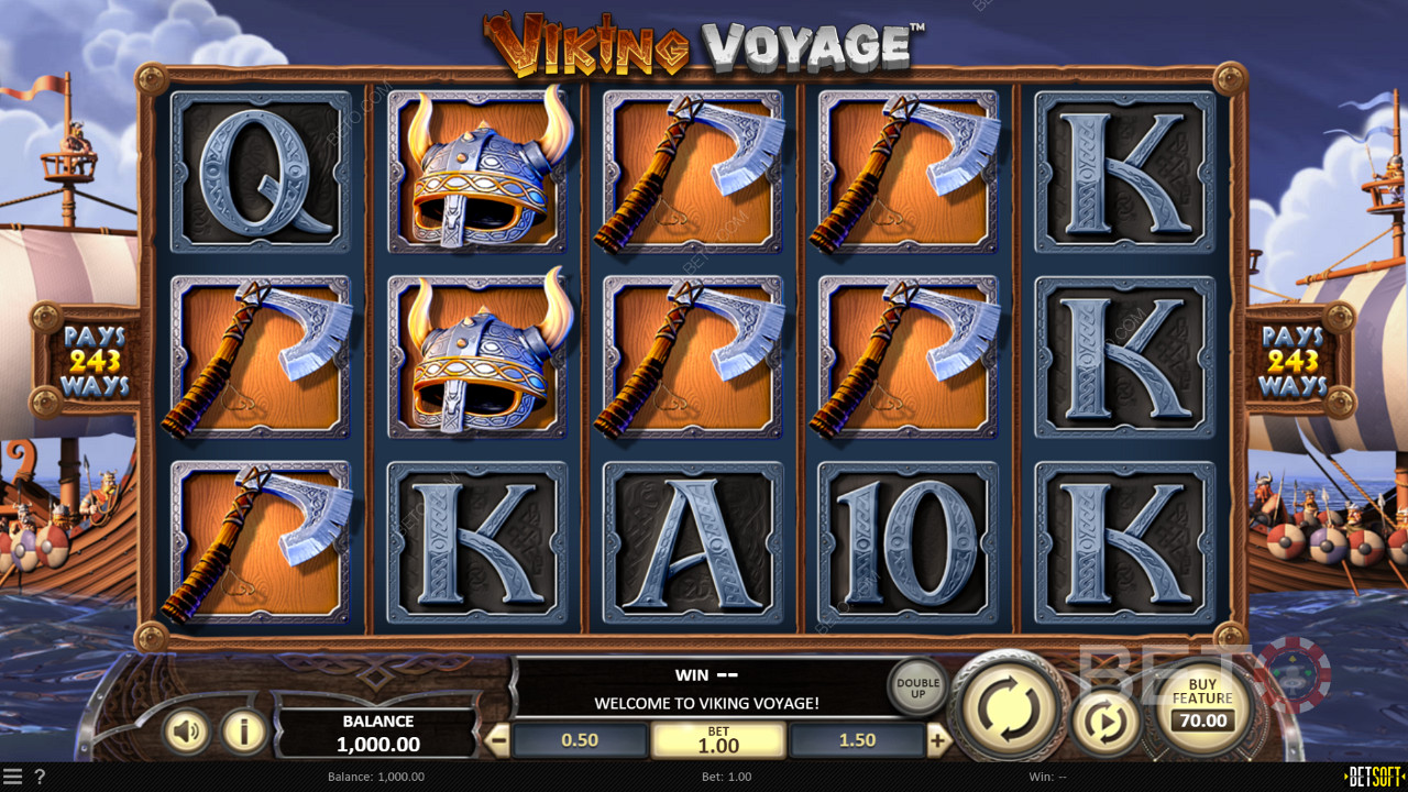 Genießen Sie das Thema, die Grafik und die Symbole im Wikinger-Stil beim Online-Spielautomaten Viking Voyage