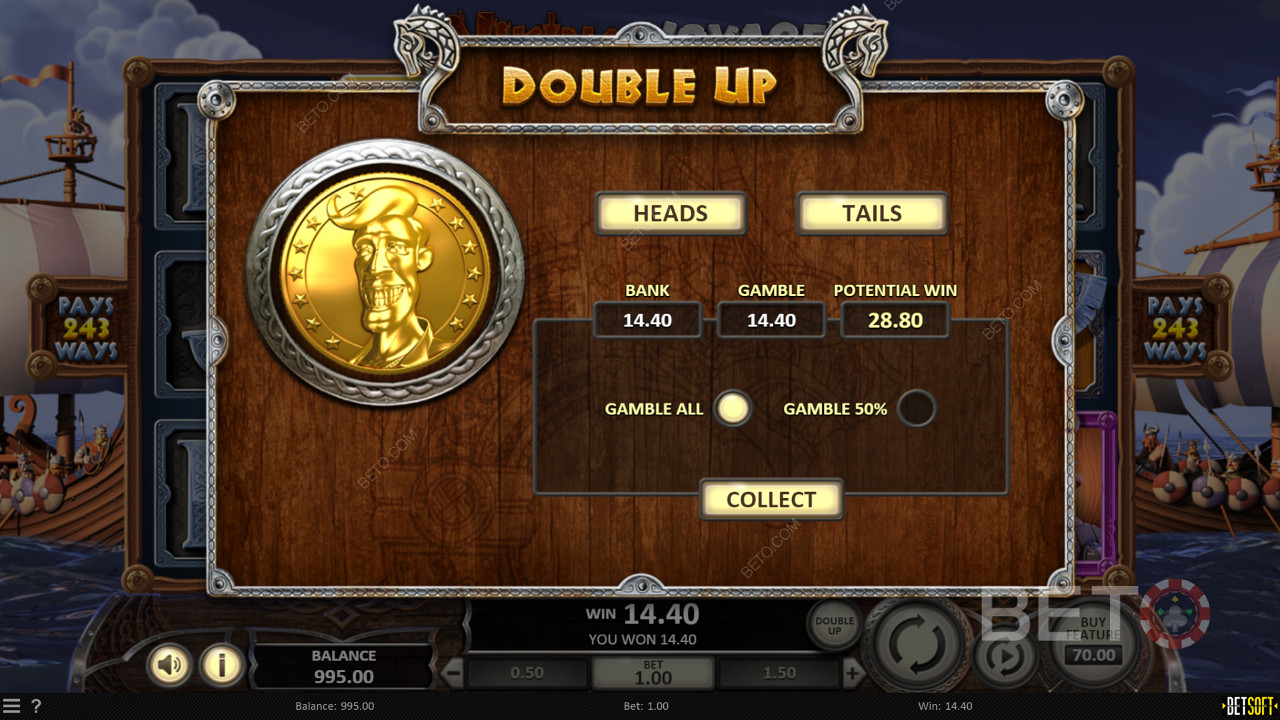 Probieren Sie die Double Up-Funktion aus, um Ihre Gewinne im Viking Voyage-Spielautomaten zu verdoppeln