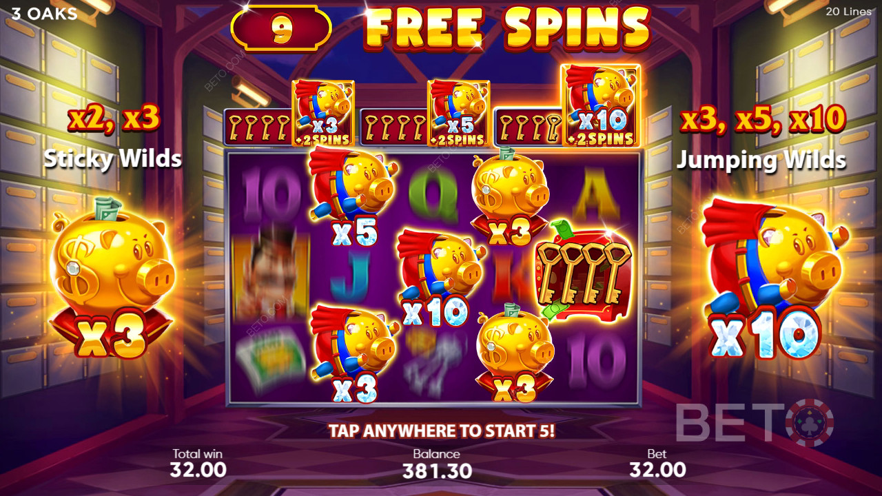 Erklärte Bonusfunktionen in Super Sticky Piggy von 3 Oaks Gaming