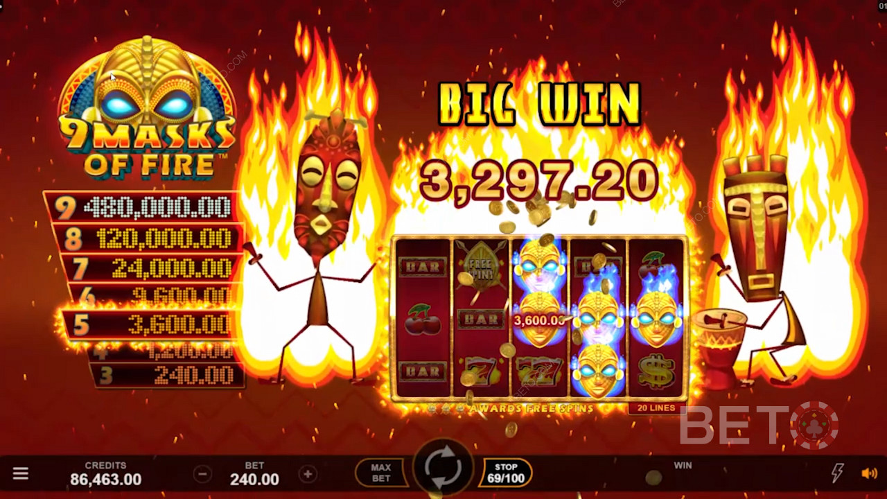 Spüren Sie die Hitze des Spielautomaten mit 9 Masken des Feuers - er kann Ihnen einige großzügige Beträge bieten