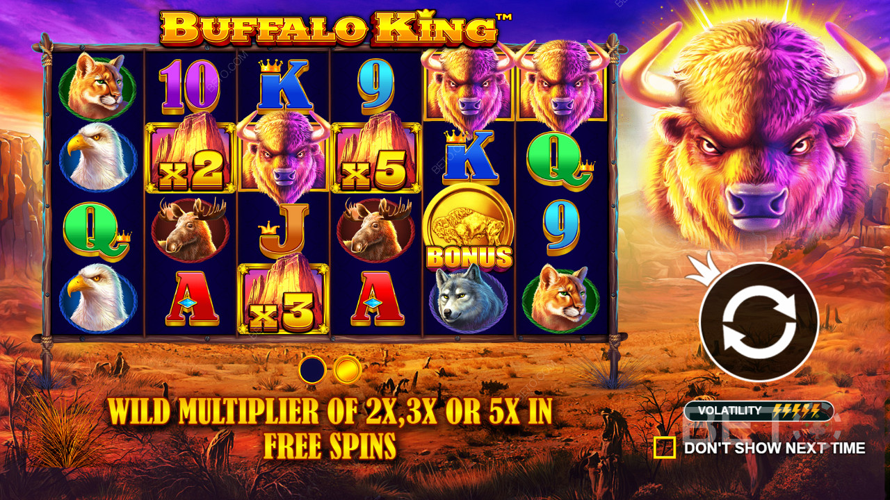 Alle Wild-Symbole können in Buffalo King einen Multiplikatoreffekt von 2x, 3x oder 5x haben.