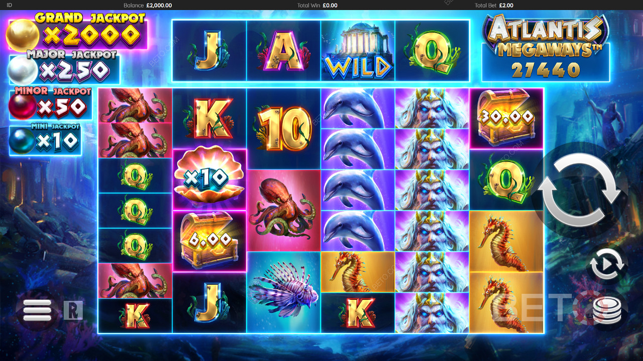 Genießen Sie ein farbenfrohes Spiel mit leistungsstarken Funktionen im Atlantis Megaways-Spielautomaten