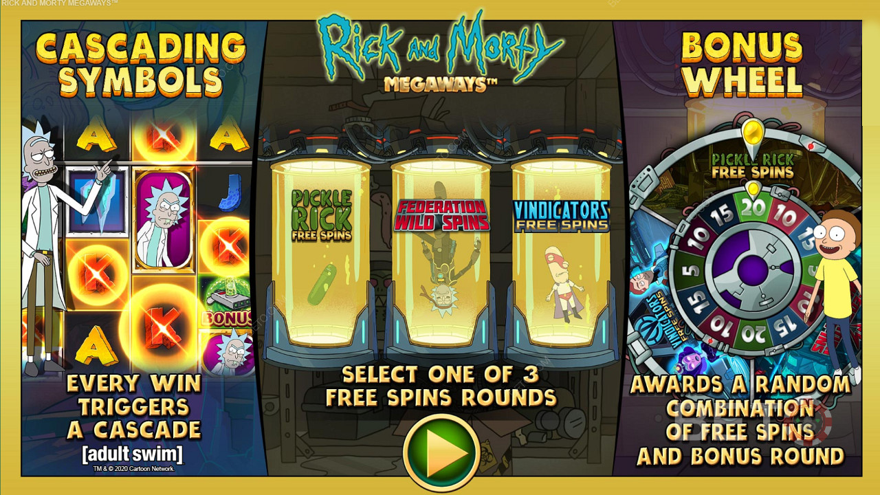 Genießen Sie drei verschiedene Arten von Freispielen im Spielautomaten Rick and Morty Megaways