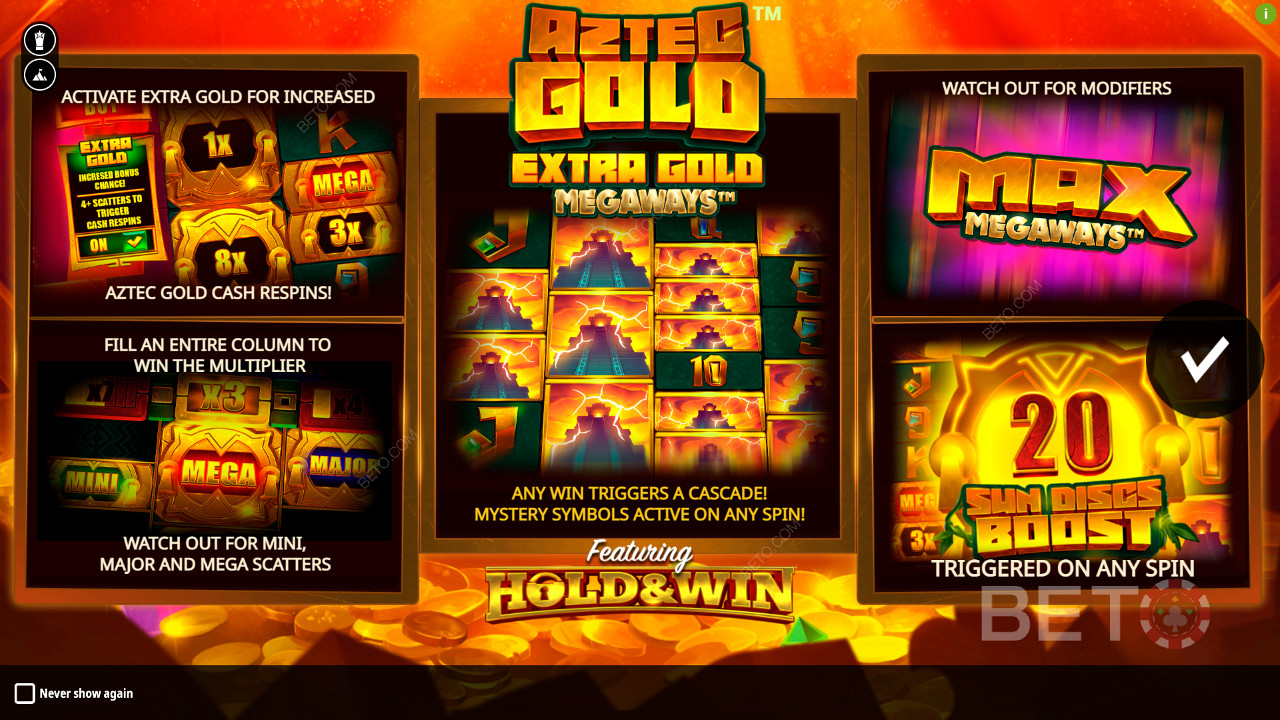 Genießen Sie mehrere Bonusfunktionen im Aztec Gold Extra Gold Megaways-Spielautomaten