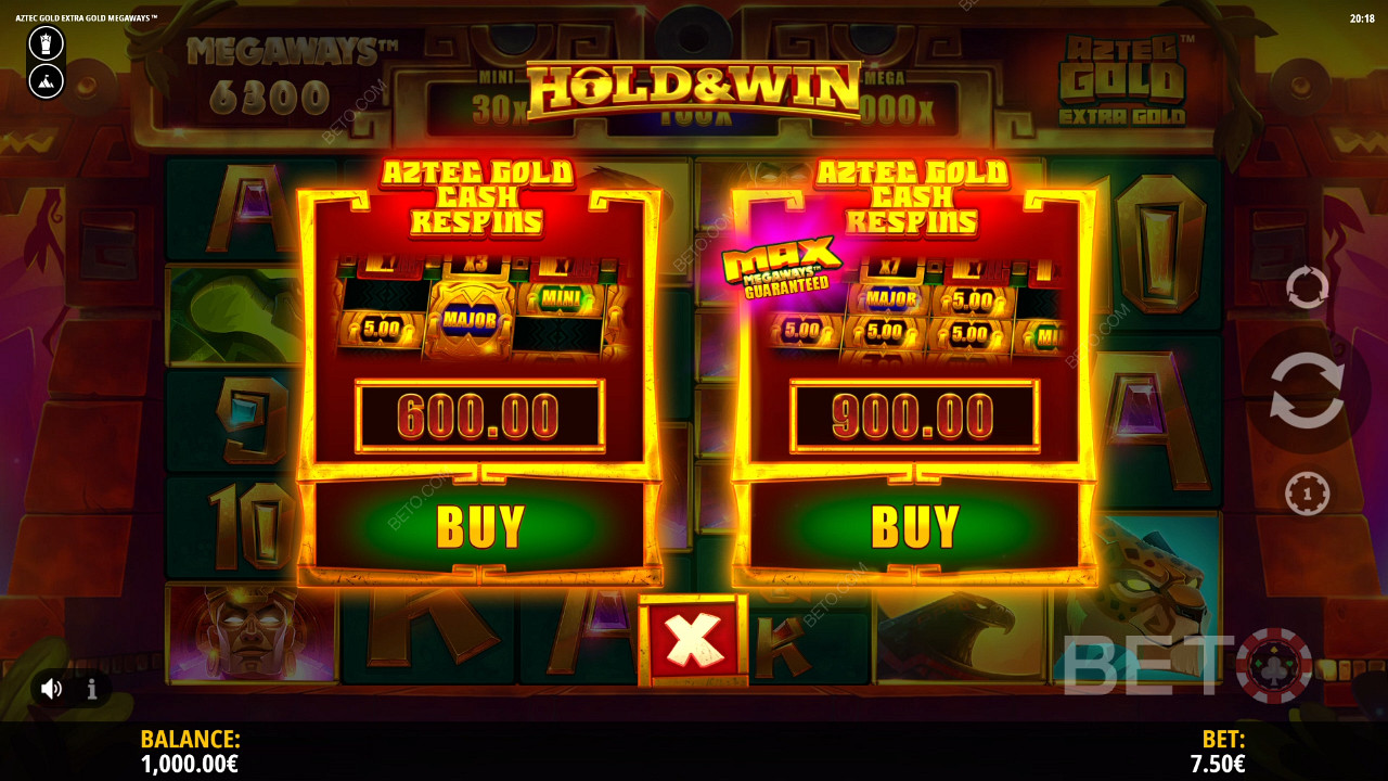 Aztec Bet Buy-Funktion im Aztec Gold Extra Gold Megaways-Spielautomaten