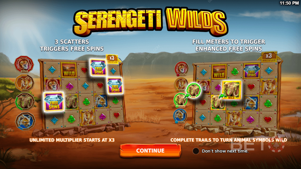 Genießen Sie leistungsstarke Funktionen wie Free Spins und Enhanced Free Spins im Serengeti Wilds-Spielautomaten