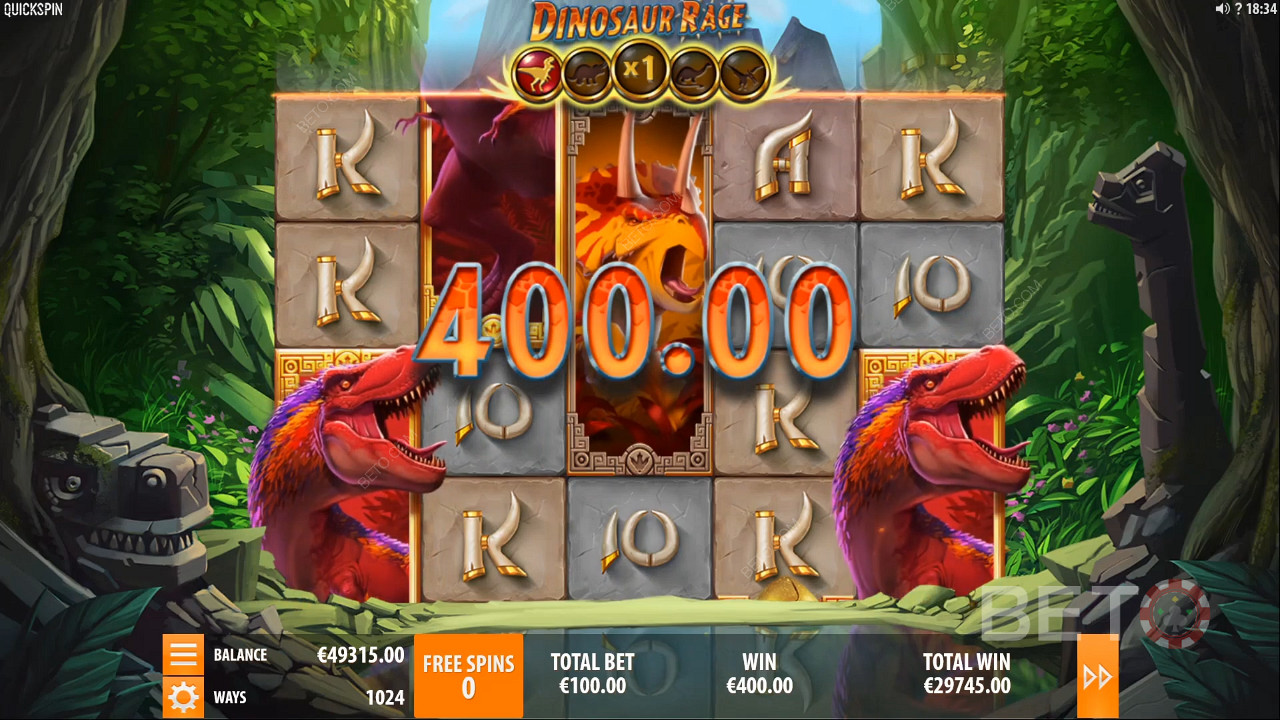 Ein Gewinn im Wert von 400 Münzen in Dinosaur Rage Slot Machine