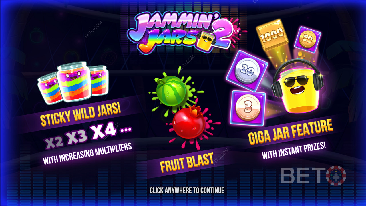 Genießen Sie klebrige Wilds, das Fruit Blast-Feature und Giga Jar Spins im Jammin Jars 2 Slot