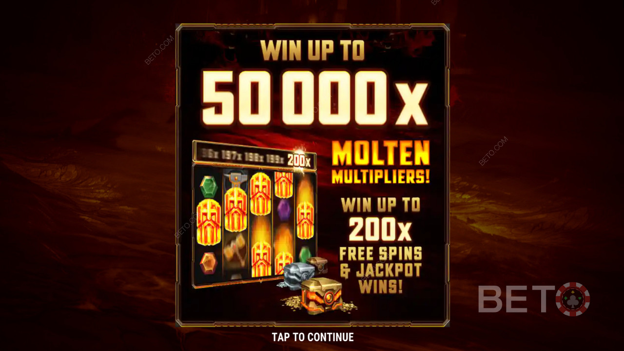 Der Intro-Bildschirm von Fire Forge zeigt den 50.000x Jackpot