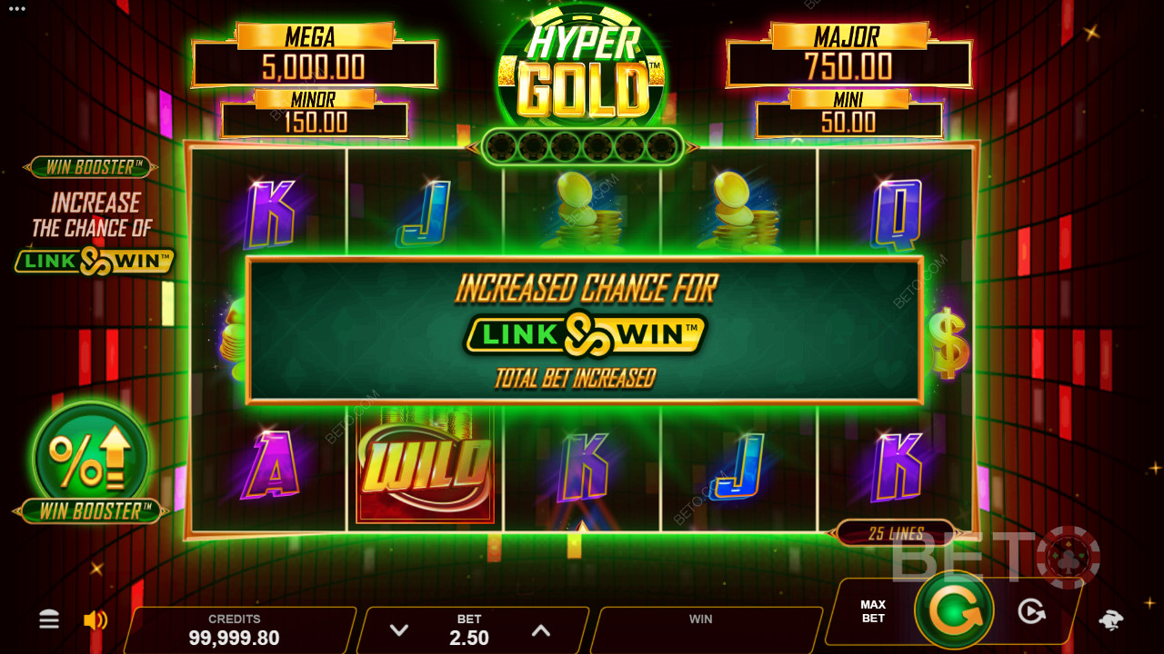 Hyper Gold bietet Win Booster und Link & Win Bonusfunktionen, um Sie zu begeistern
