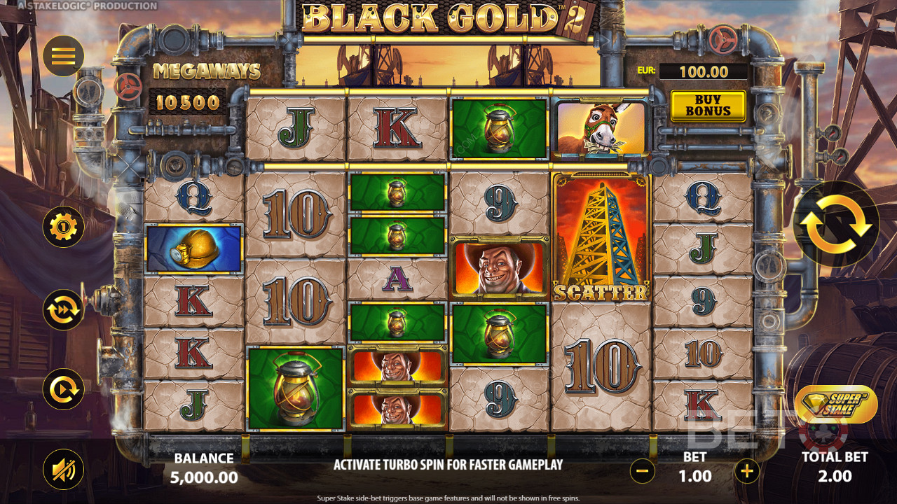 Erreichen Sie 3 oder mehr identische Symbole, um beim Black Gold 2 Megaways Online-Spielautomaten zu gewinnen