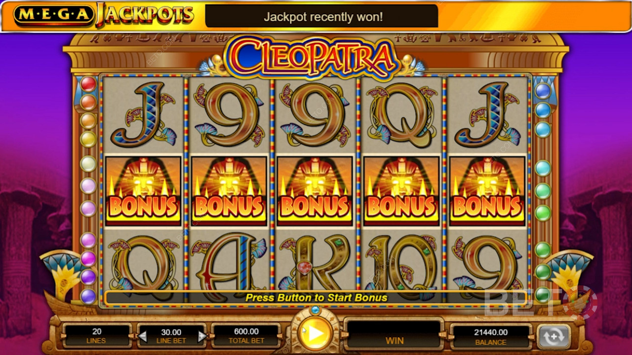 MegaJackpots Cleopatra ist ein Spielautomat mit 5 Walzen und 20 Gewinnlinien