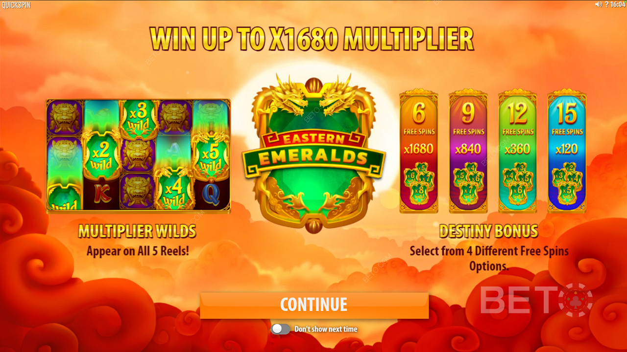 Genießen Sie Multiplikator-Wilds und verschiedene Arten von Freispielen im Eastern Emeralds-Spielautomaten