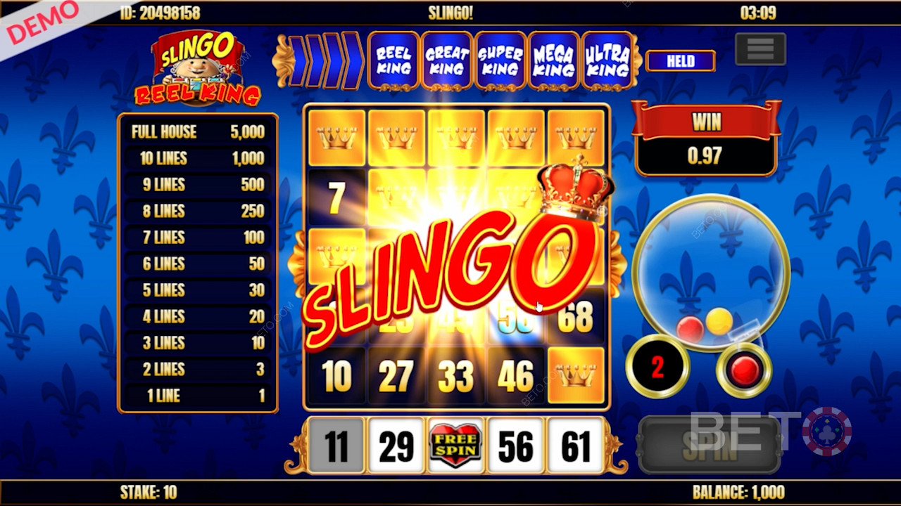 Slingo in dem Spielautomaten Slingo Reel King