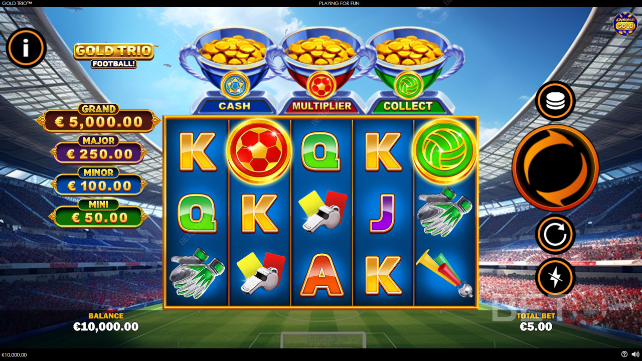 Gewinnen Sie das 1.000-fache Ihres Einsatzes im Gold-Trio: Fußball! Video Slot!