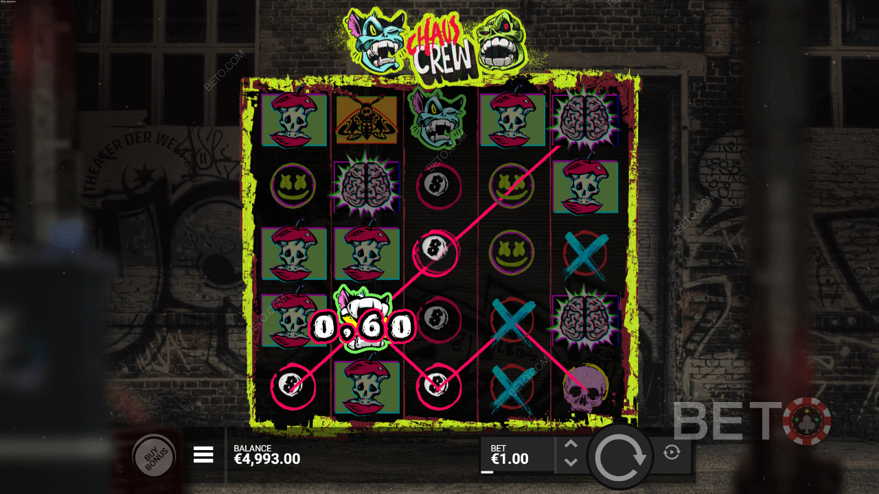 Erziele irgendwo zwischen 3-5 identische Symbole, um am Chaos Crew-Spielautomaten zu gewinnen
