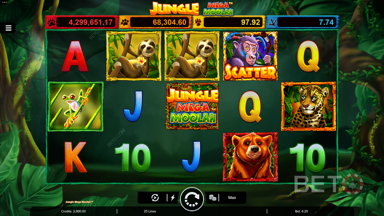Genießen Sie Multiplikator-Jokersymbole, Freispiele und vier progressive Jackpots im Spielautomaten Jungle Mega Moolah