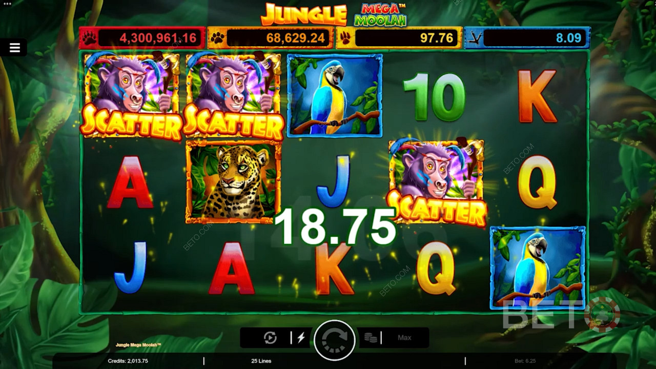 Erzielen Sie 3 Affen-Scatter-Symbole, um Freispiele im Online-Spielautomaten Jungle Mega Moolah auszulösen.