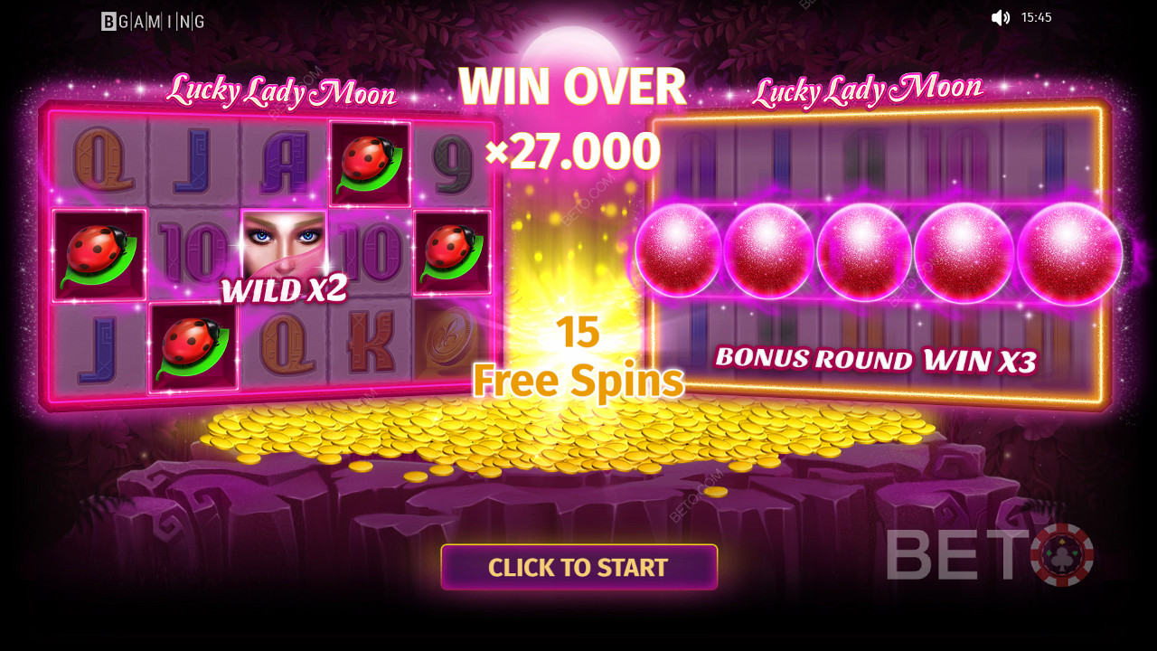 Spielen Sie weiter und gewinnen Sie Preise im Wert von bis zum 27.000-fachen des Einsatzes beim Spielautomaten Lucky Lady Moon