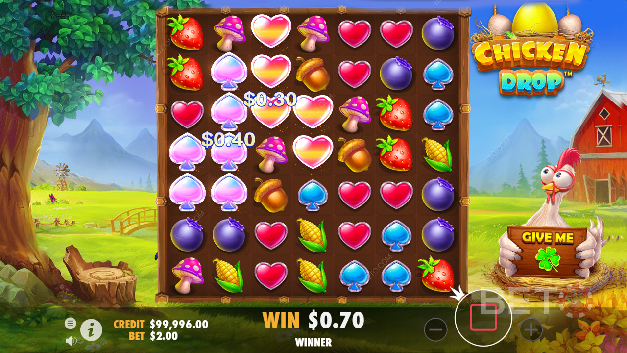 Landen Sie Symbole in Clustern und gewinnen Sie beim Chicken Drop Online-Spielautomaten
