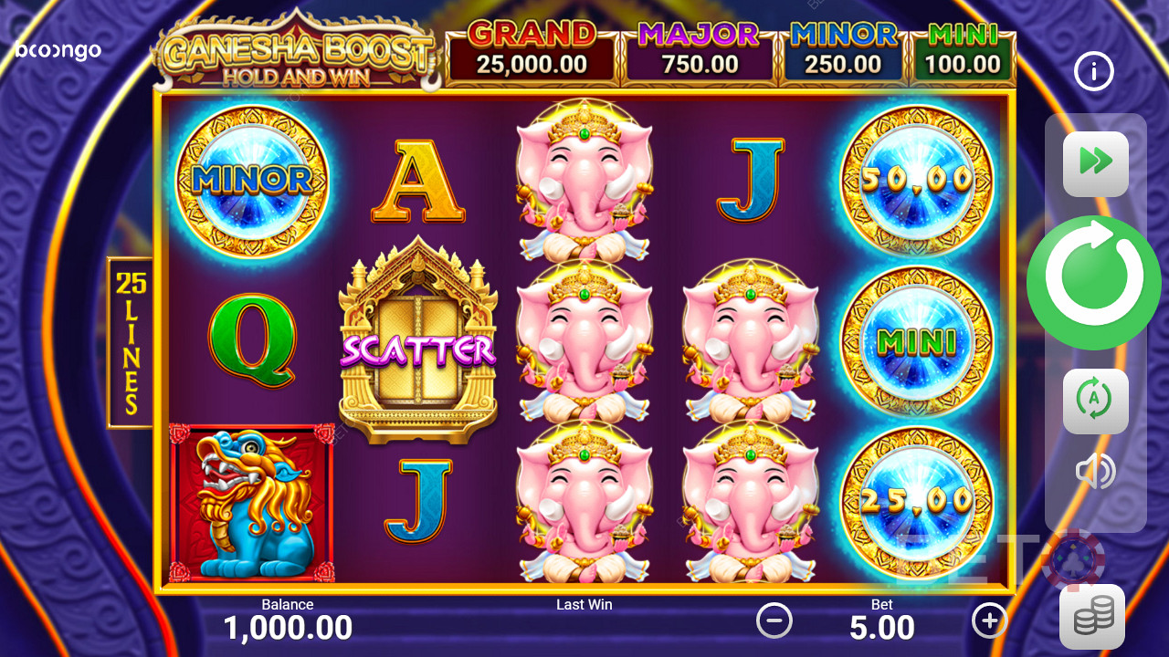 Genießen Sie Jackpots, indem Sie sie im Bonusspiel des Ganesha Boost Hold and Win Slots gewinnen