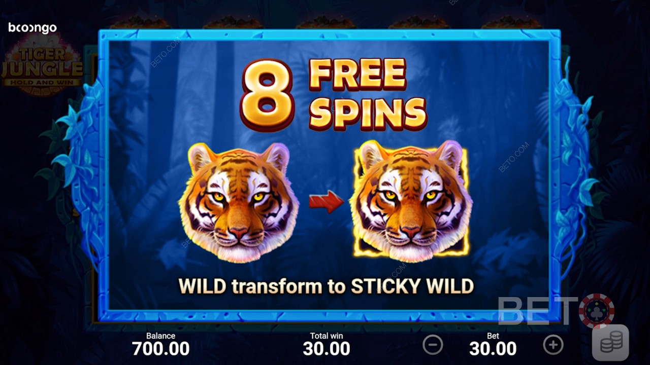 Sie erhalten 8 Free Spins und alle Wilds werden während der Free Spins Runde zu Sticky Wilds.