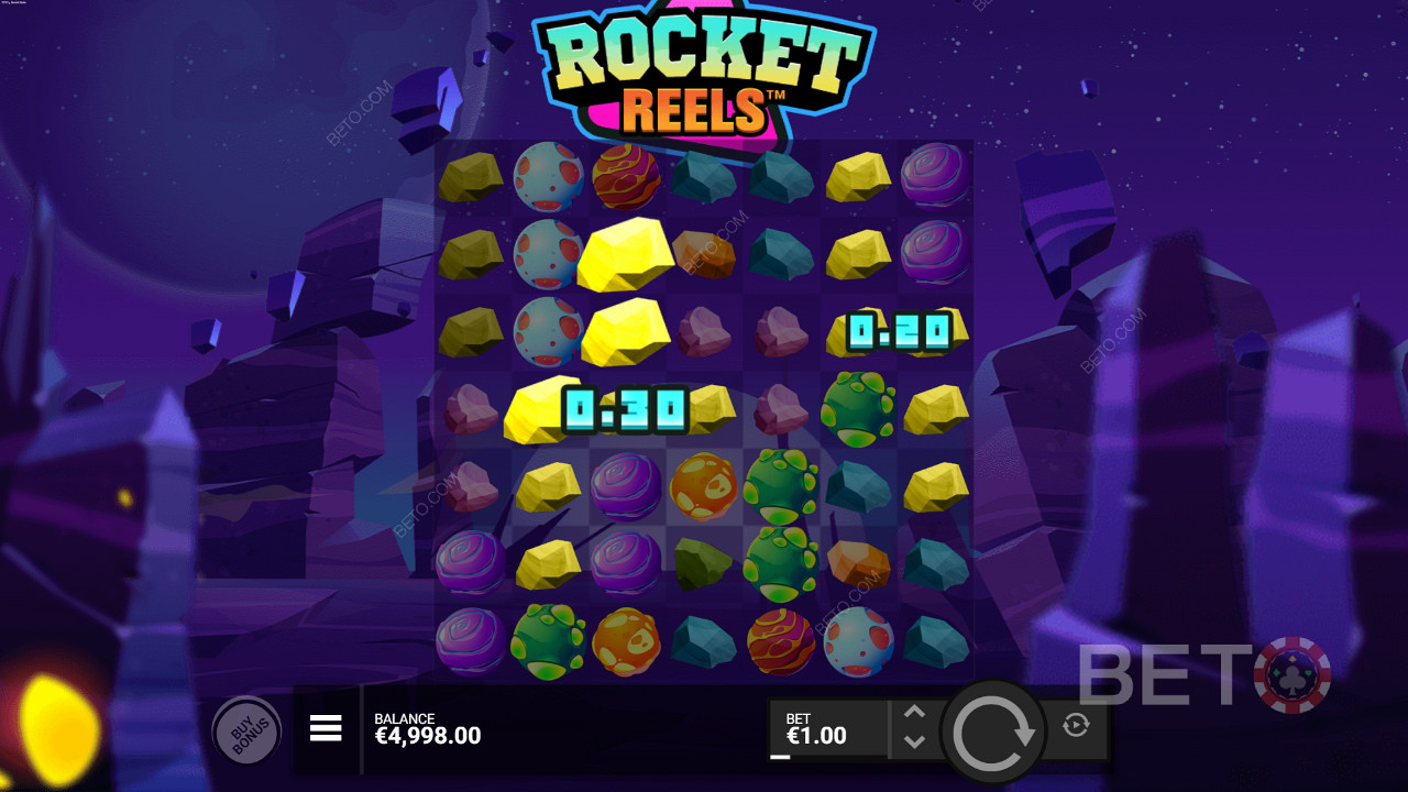 Cluster Pays erfordern, dass die Spieler mindestens 5 identische Symbole für einen Cluster-Gewinn erhalten