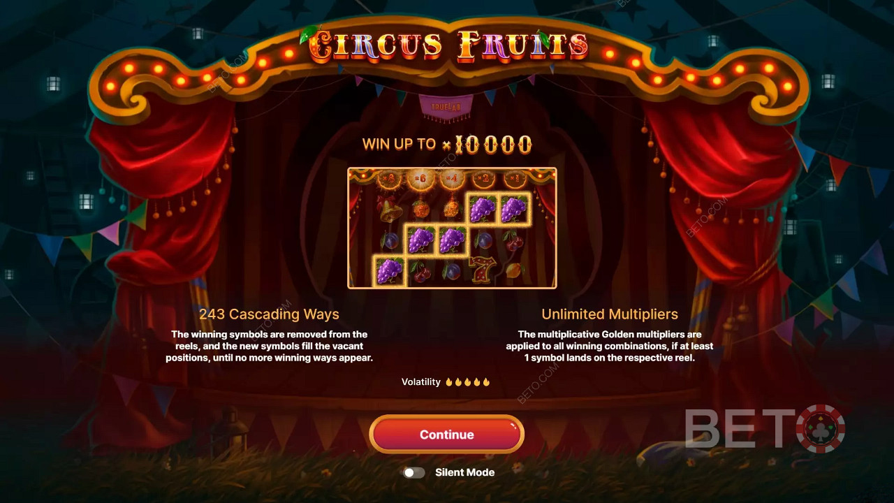 Der thematisch inspirierte Intro-Bildschirm von Circus Fruits