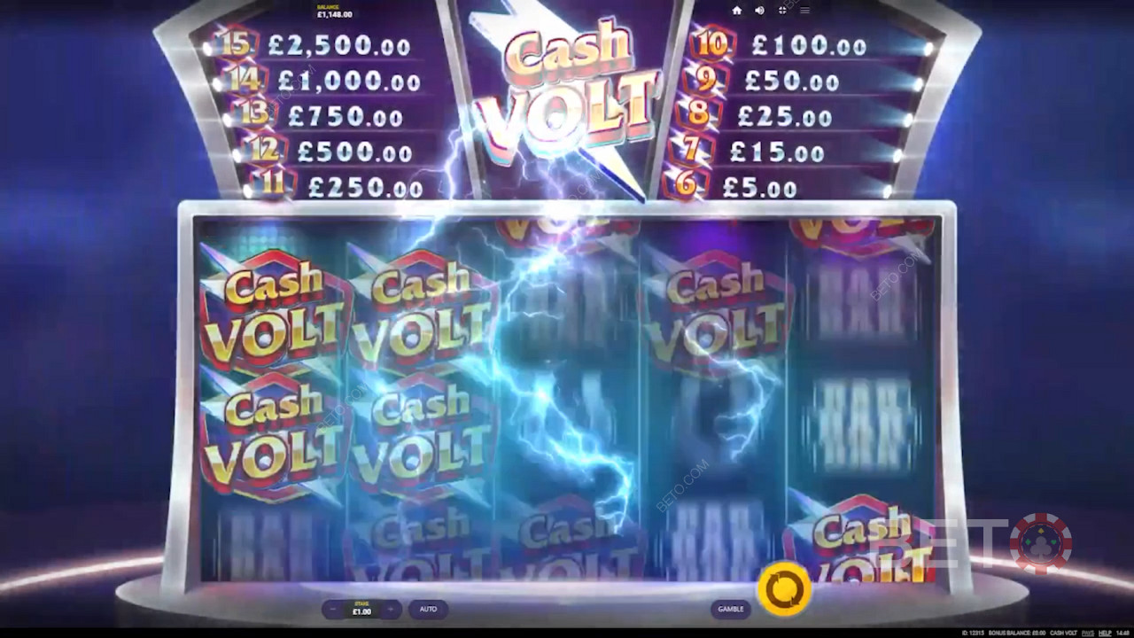 Spielen Sie um aufregende Belohnungen im Wert von bis zum 2.500-fachen des Einsatzes am Cash Volt-Spielautomaten