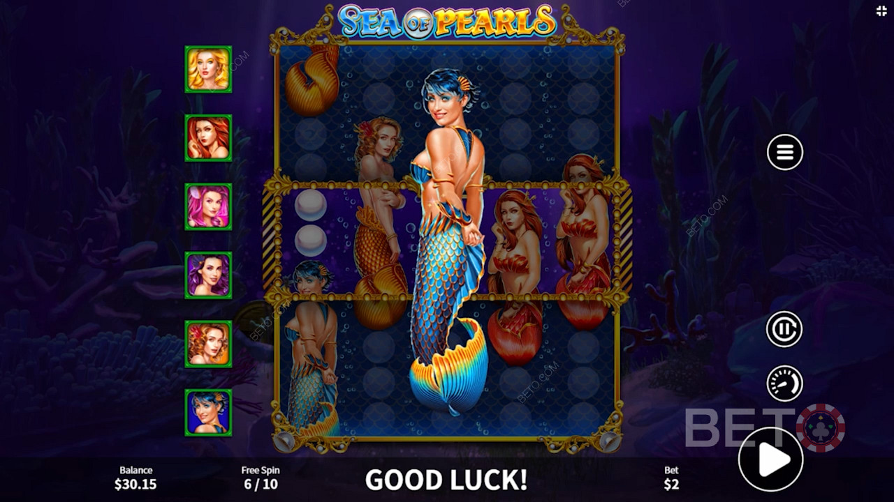 Verwandeln Sie eine Art von Meerjungfrauen-Symbol in ein Mystery-Symbol, indem Sie 50 Perlen in Freispielen sammeln.